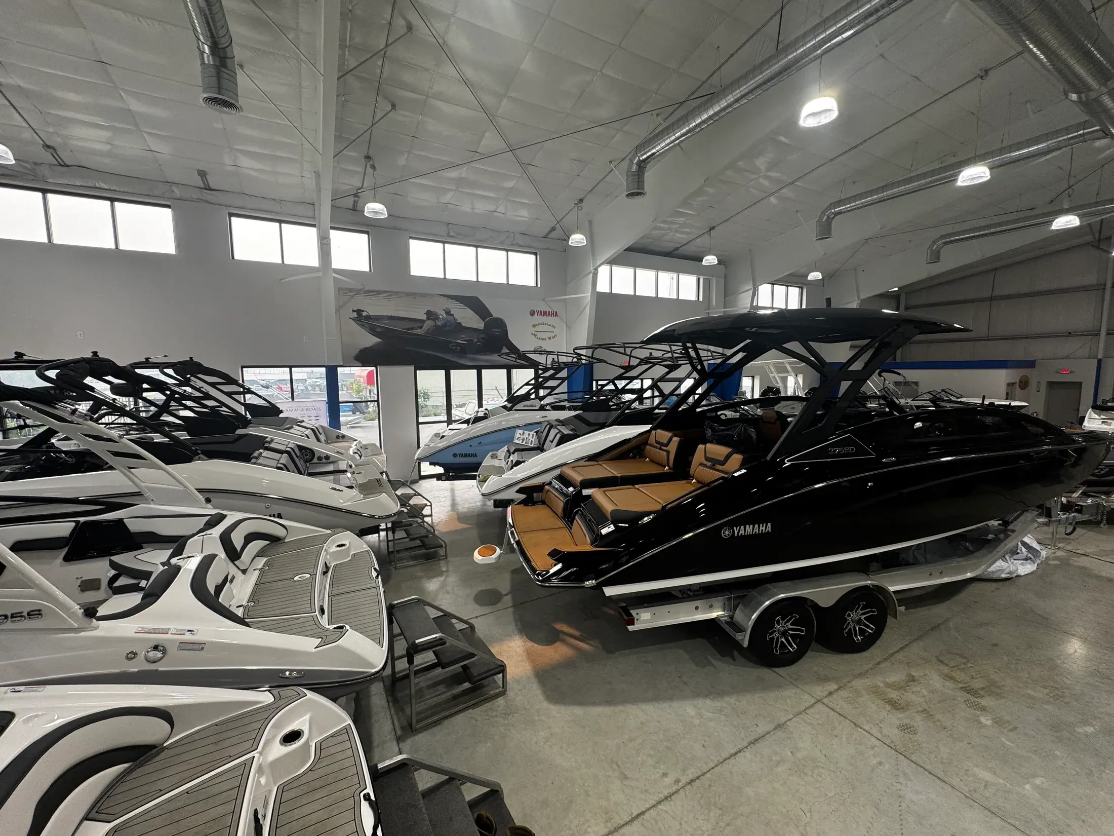 Yamaha jet boats displayed inside the Wonderland Marine West Pinckney showroom