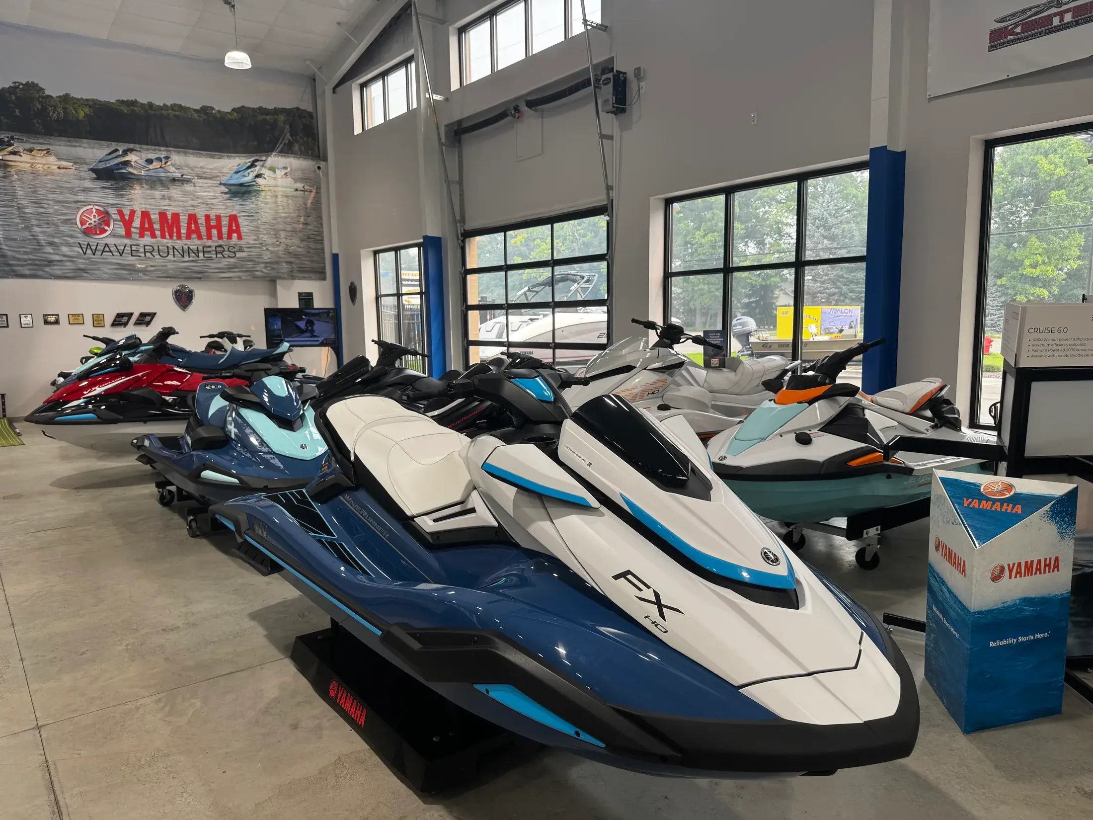 Yamaha WaveRunners displayed inside the Wonderland Marine West Pinckney showroom
